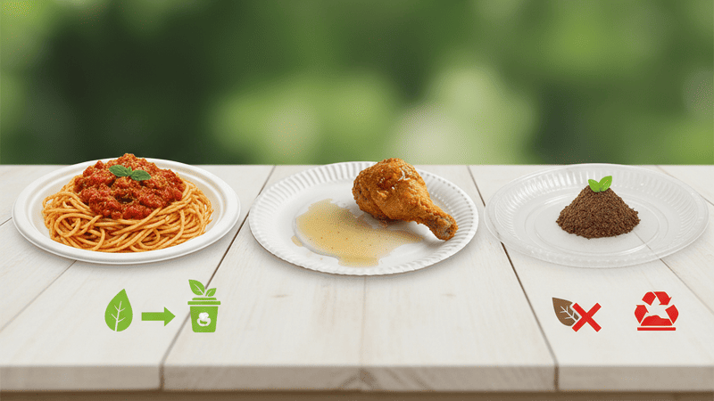 A side-by-side comparison of a bagasse plate, a paper plate, and a plastic plate