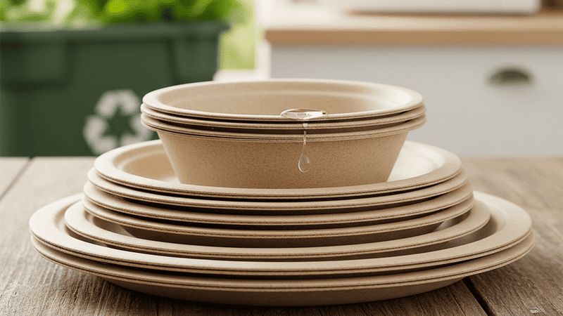 A stack of clean bagasse plates and bowls