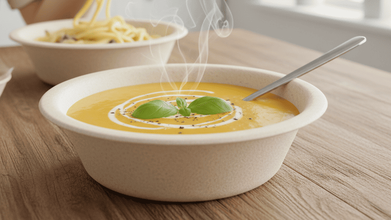 A bagasse bowl holding hot soup, showing its durability