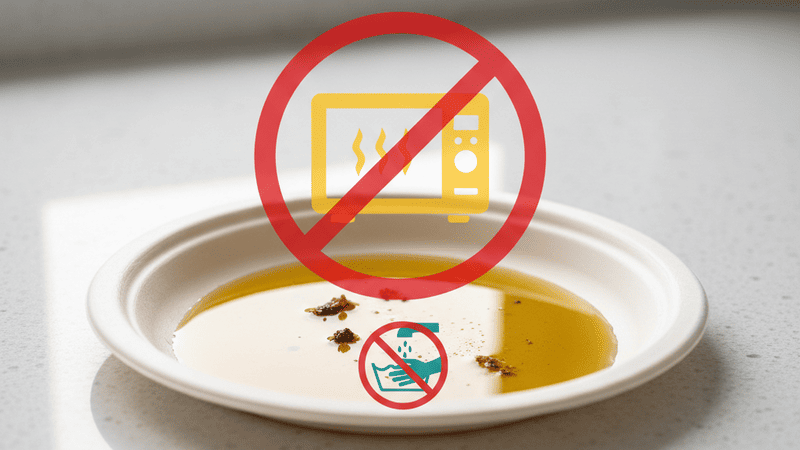 Bagasse plate with a warning symbol over a pool of oil