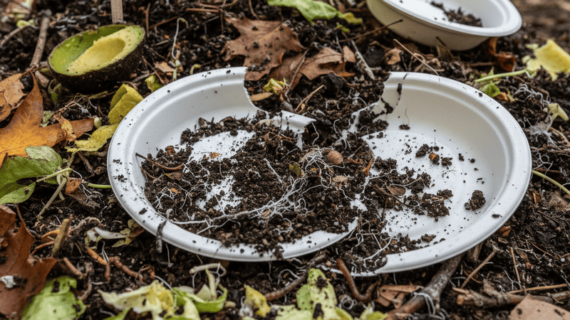 Sugarcane bagasse plates breaking down in a rich compost pile