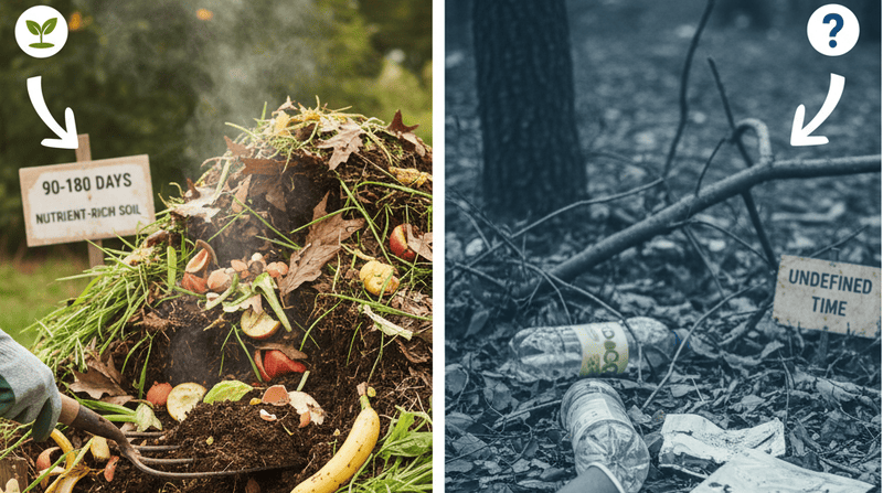 An image contrasting a compost pile with a general nature scene
