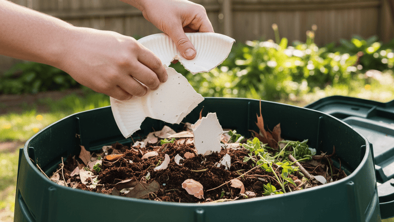 A person adding a torn bagasse plate to a home compost bin