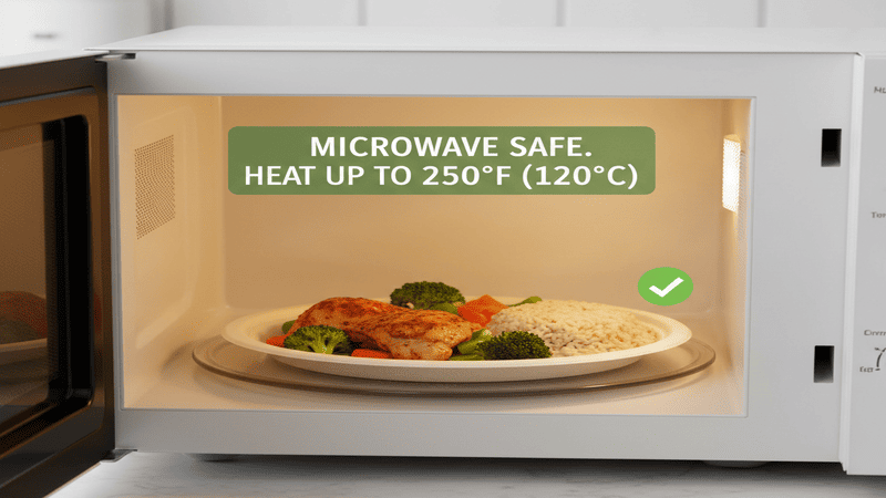 A bagasse plate being safely placed into a microwave