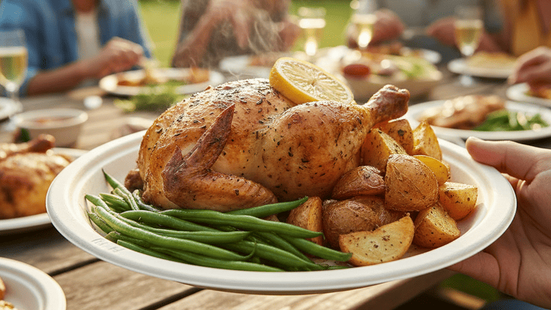 A bagasse plate holding a heavy portion of food without bending