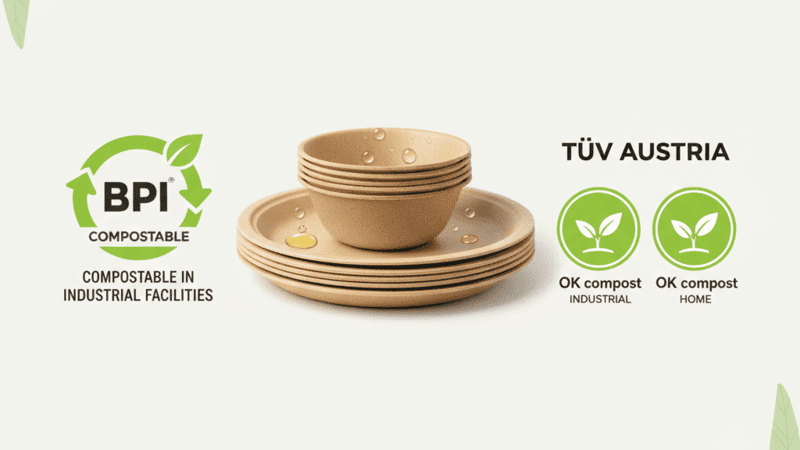 BPI and OK Compost certification logos for bagasse tableware