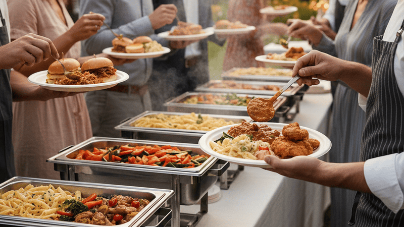 A party serving hot food in bagasse plates