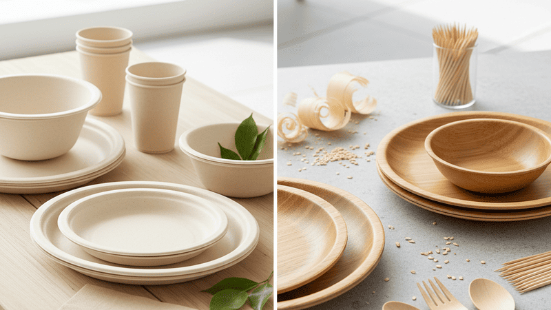 A split image showing bagasse tableware on one side and bamboo on the other