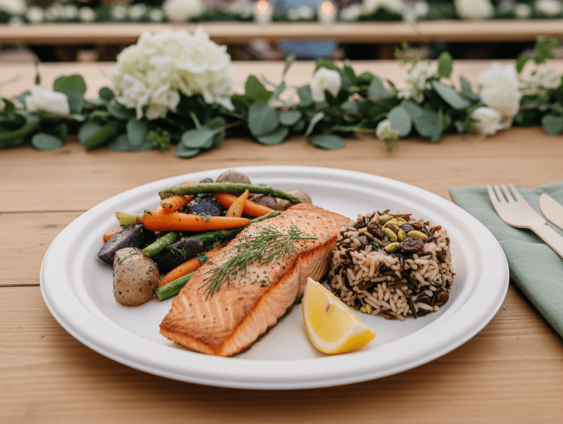 A stylish, modern wedding meal served on a sturdy bagasse plate