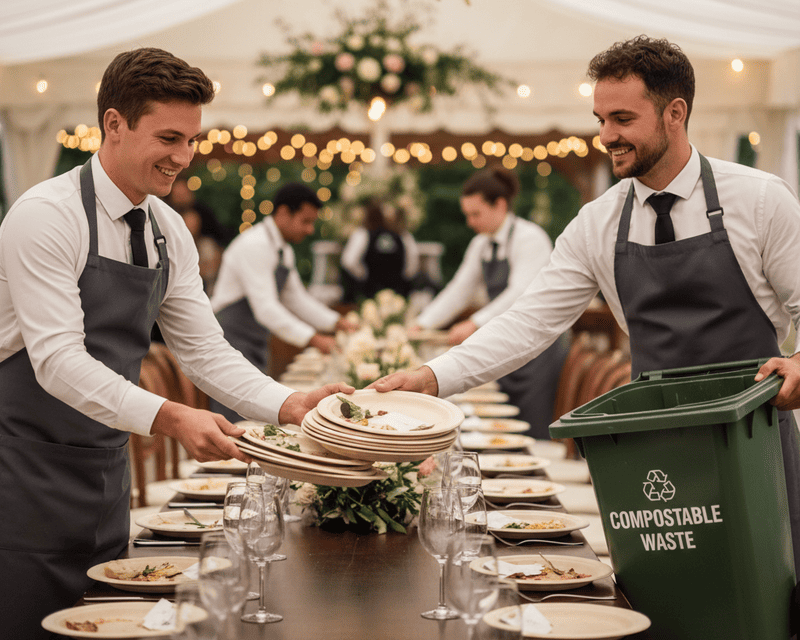 Catering staff easily clearing a table with compostable plates