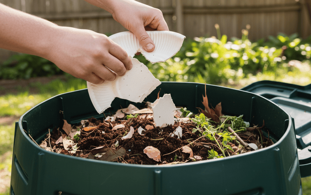 A bagasse plate composting in a garden pile