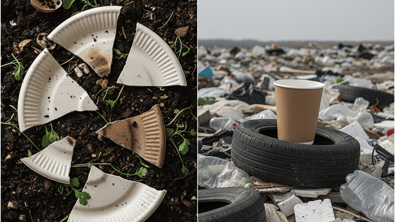 A bagasse plate decomposing in a compost pile vs. a paper cup sitting intact in a landfill
