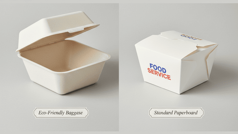 A side-by-side comparison of a bagasse container and a standard paper food box