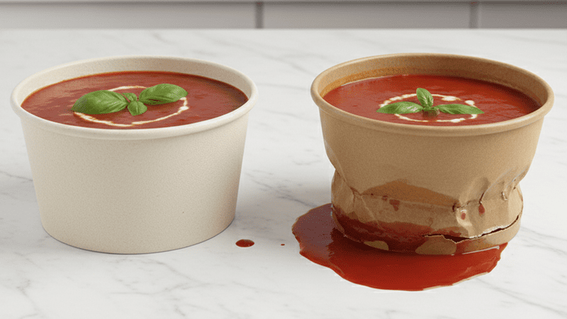 A bagasse bowl holding soup firmly next to a soggy, leaking paper bowl