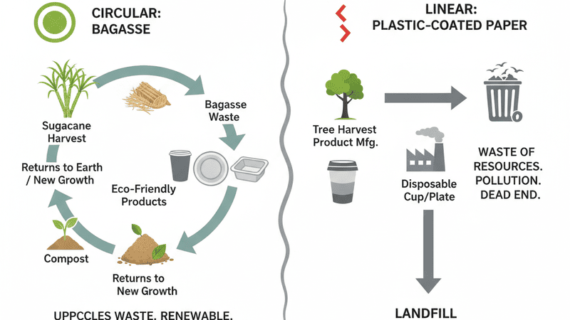 An infographic showing the circular economy of bagasse versus the linear path of paper-to-landfill