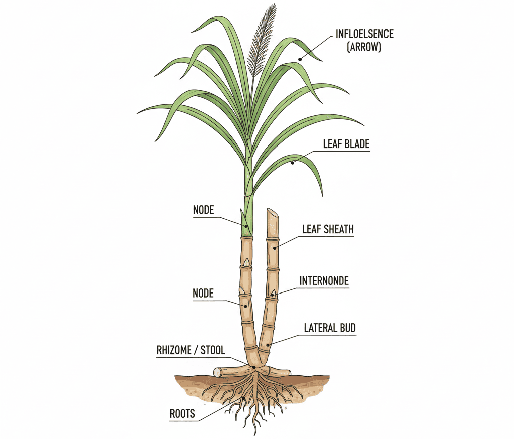 Diagram showing the parts of a sugarcane plant