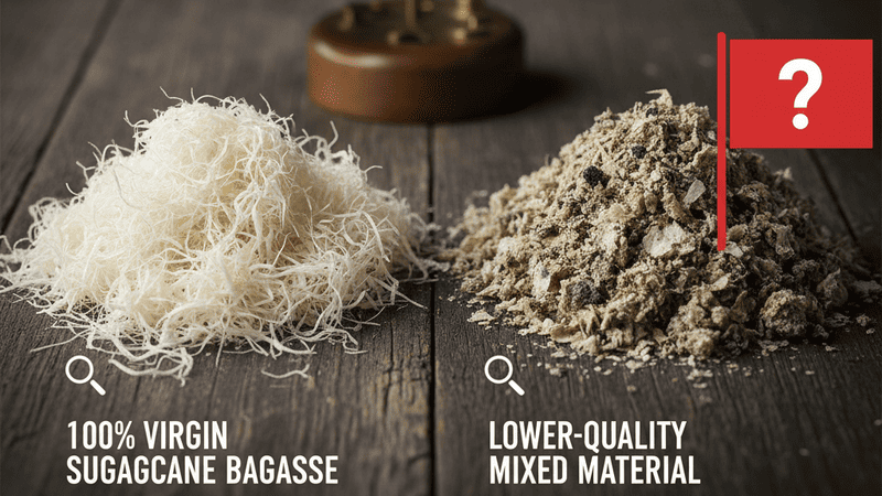 A close-up of pure bagasse material versus a lower-quality mixed material