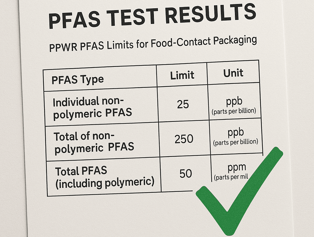 A compliance document showing PFAS test results with a green checkmark
