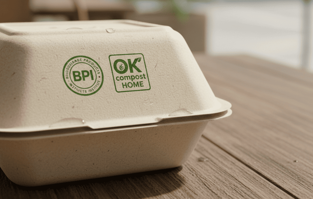A sugarcane bagasse container with BPI and OK Compost HOME certification logos