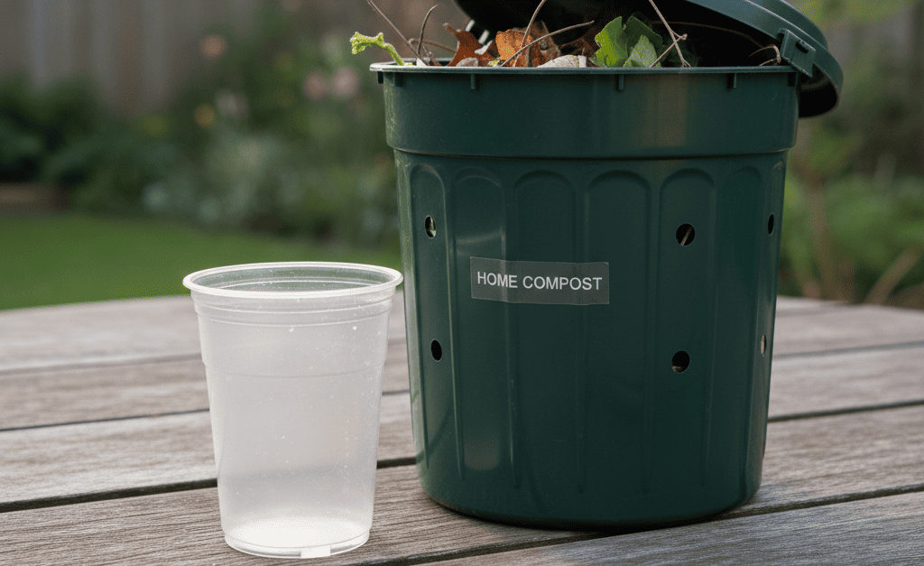 A clear PLA bioplastic cup next to a home compost bin