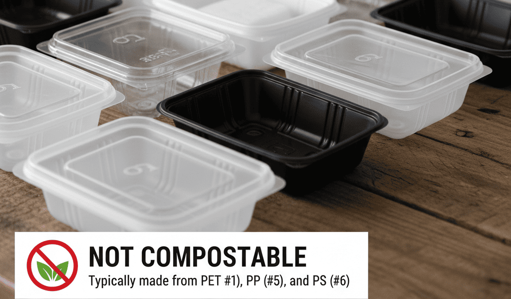 An array of plastic take-out containers with recycling symbols