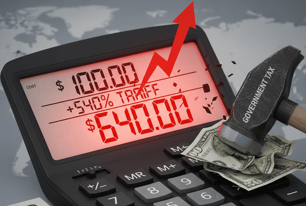 A calculator showing an item's cost dramatically increasing after adding a 540% tariff