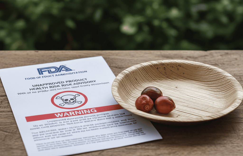 An official FDA document or warning symbol next to an areca palm plate