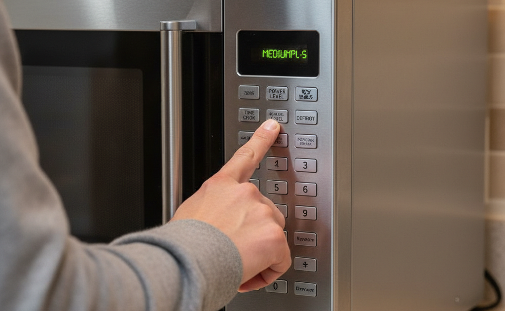 A person setting a microwave to medium power