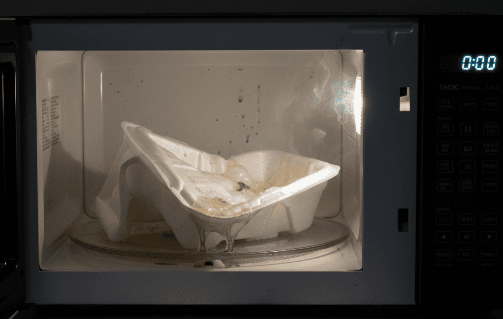 A melted styrofoam container in a microwave