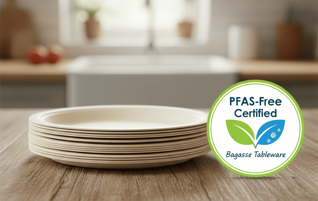 A compact stack of uniform bagasse plates next to a "PFAS-Free Certified" logo