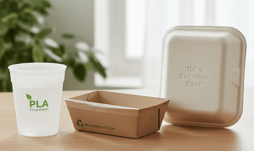 A PLA cup, a plastic-lined paper box, and a bagasse container side-by-side