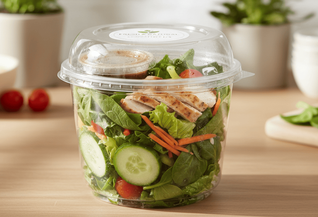A clear PLA container for a cold salad
