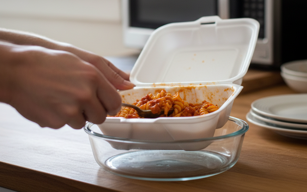 Food being transferred from a styrofoam container to a glass dish