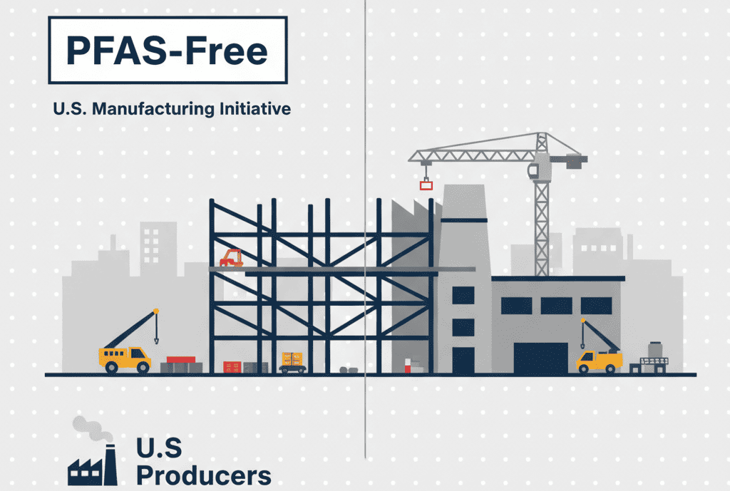 A graphic showing a factory being built in the U.S. with a "PFAS-Free" sign