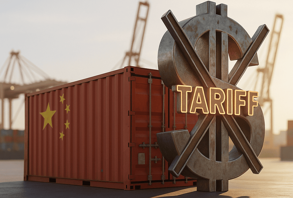 A shipping container with a Chinese flag being blocked by a large tariff symbol
