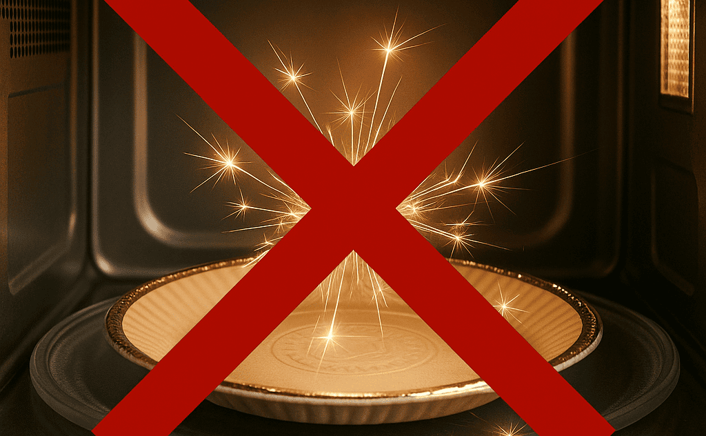 A paper plate with metallic trim sparking inside a microwave, with a large red 'X' over it