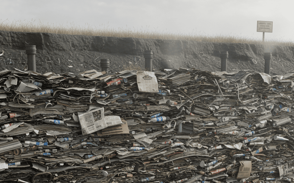 A dense, compacted landfill scene with layers of preserved trash