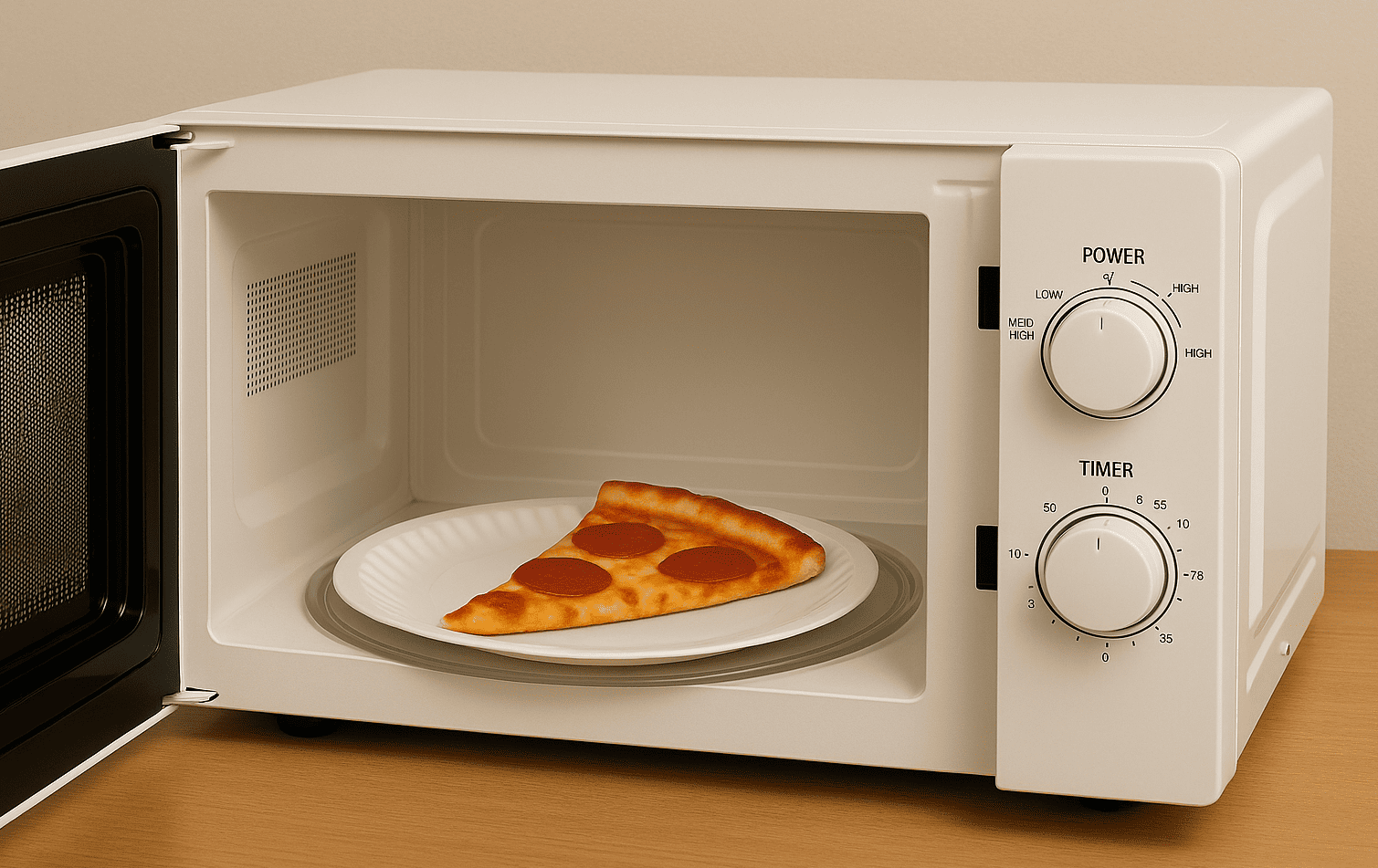A plain white paper plate with a slice of pizza on it inside a microwave