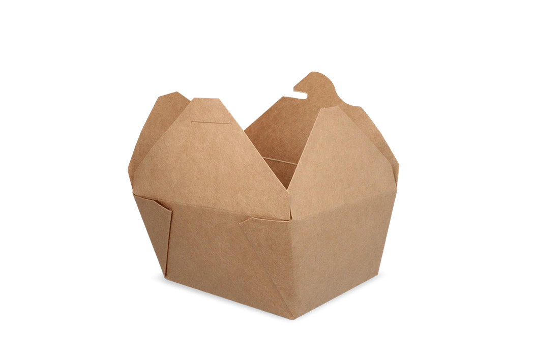 A paper takeout box with a visible plastic sheen on the inside