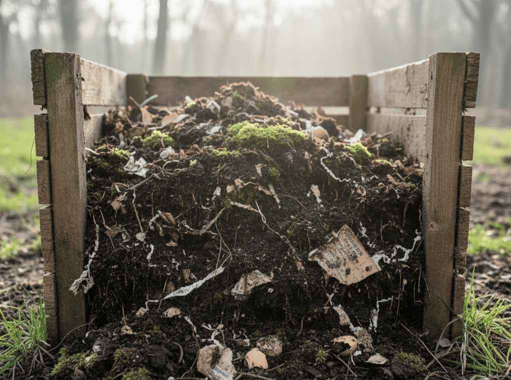 Shredded paper and cardboard scraps mixed into a rich compost bin