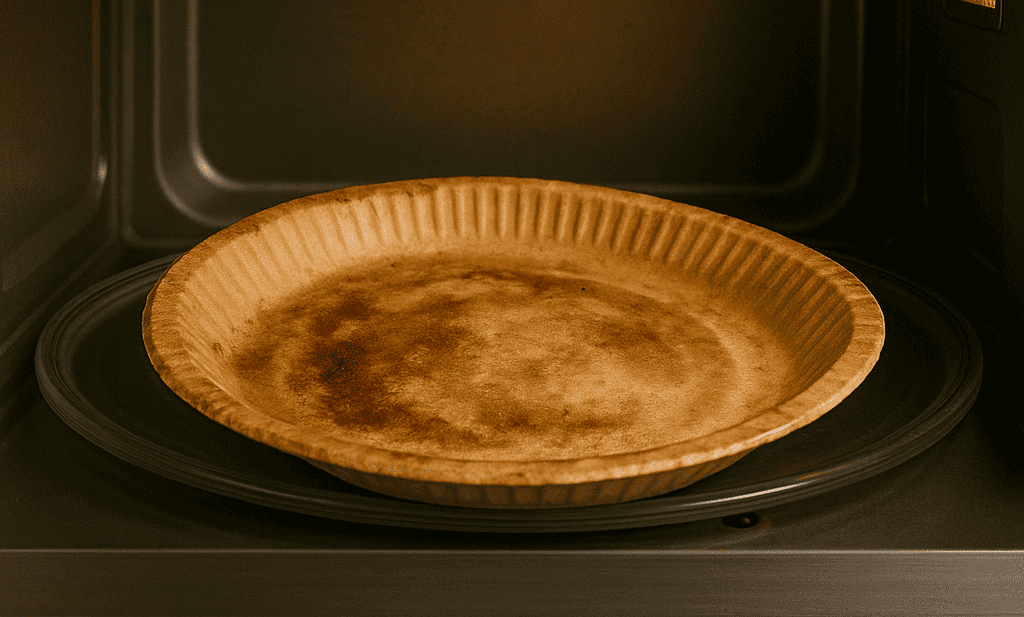 A paper plate that is browned and soggy after microwaving greasy food