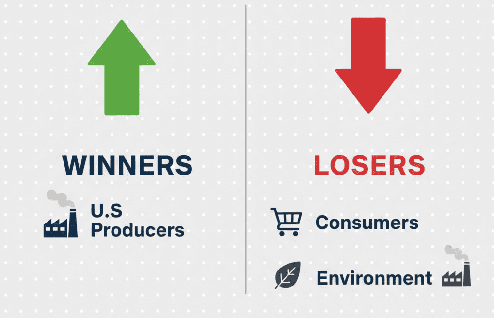 A simple chart showing "Winners" (U.S. Producers) and "Losers" (Consumers, Environment)
