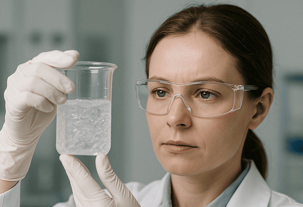 A scientist in a lab holding a beaker containing a clear gel-like substance, representing nanocellulose derived from bagasse
