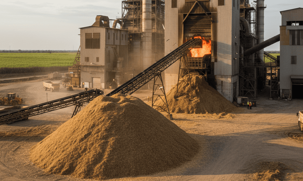 An industrial power plant with a large pile of bagasse being fed into it as biofuel