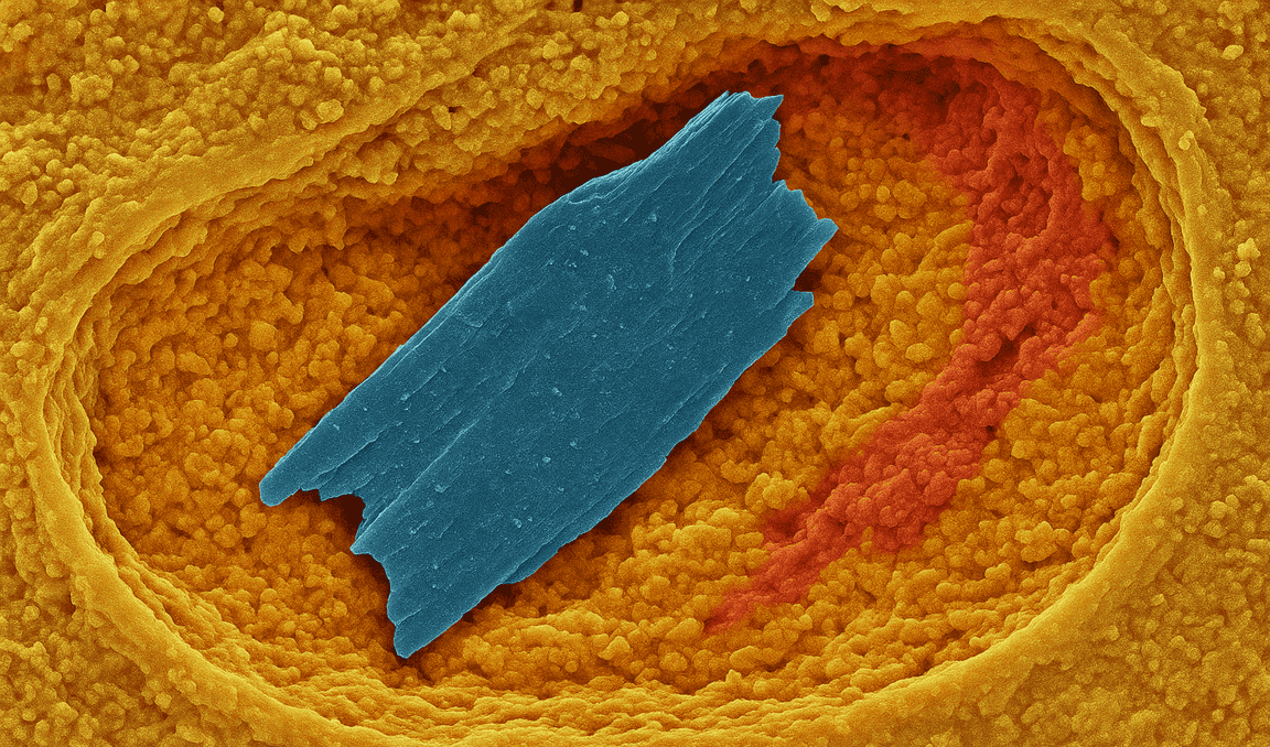 A microscopic image showing a microplastic fragment embedded in human arterial plaque