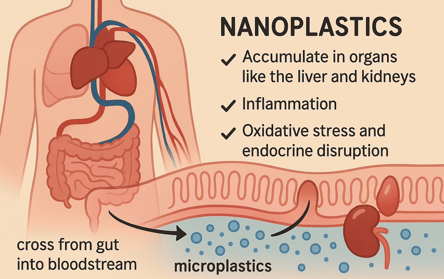 An illustration of nanoplastics crossing the intestinal wall into the bloodstream and traveling to organs