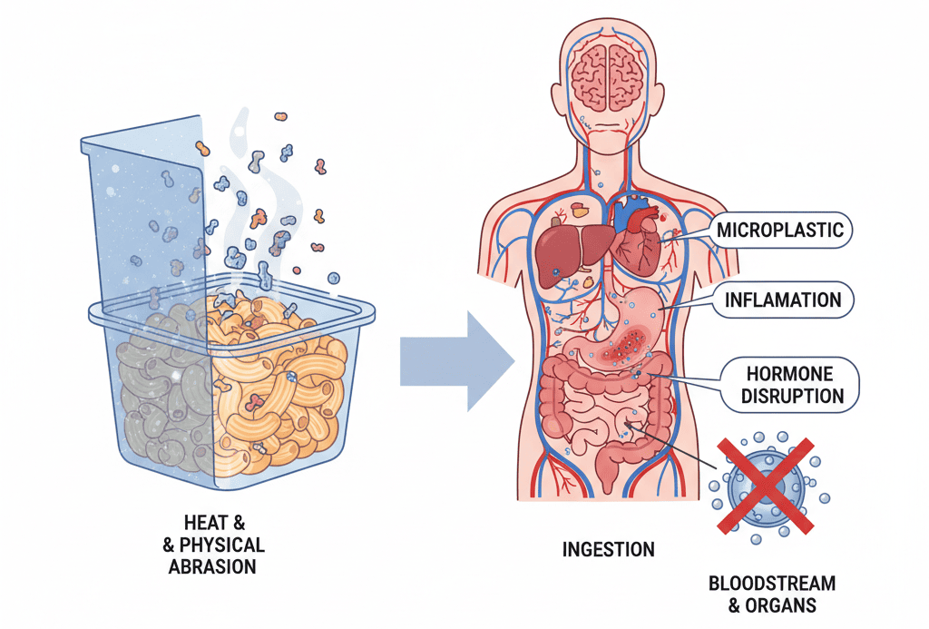 An illustration showing microplastic particles moving from a container into food and then into the human body