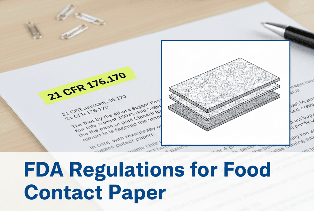 A document with "21 CFR 176.170" highlighted, next to a diagram of a bagasse plate's layers