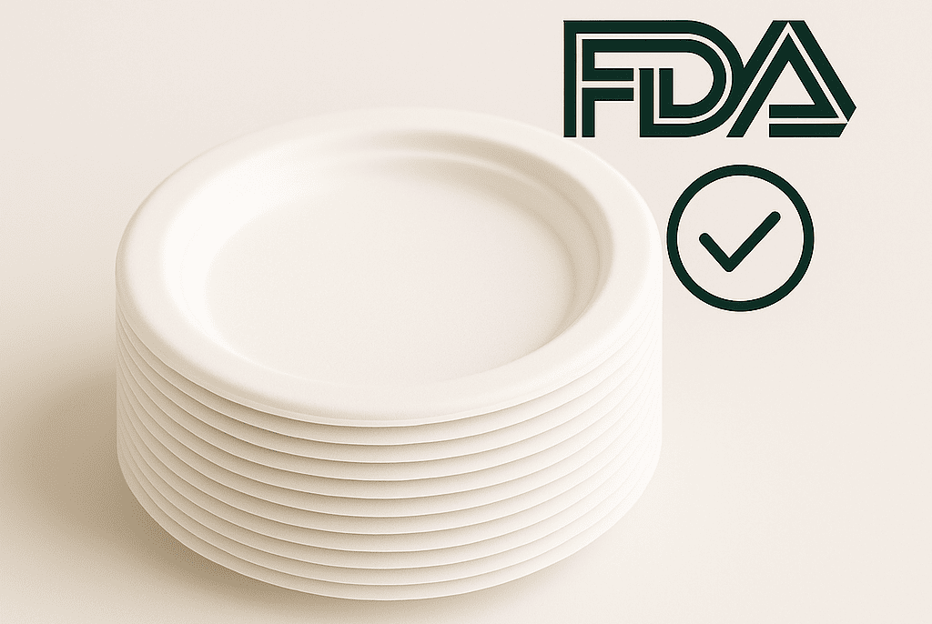 A stack of clean, white bagasse plates with an FDA compliance checkmark icon superimposed