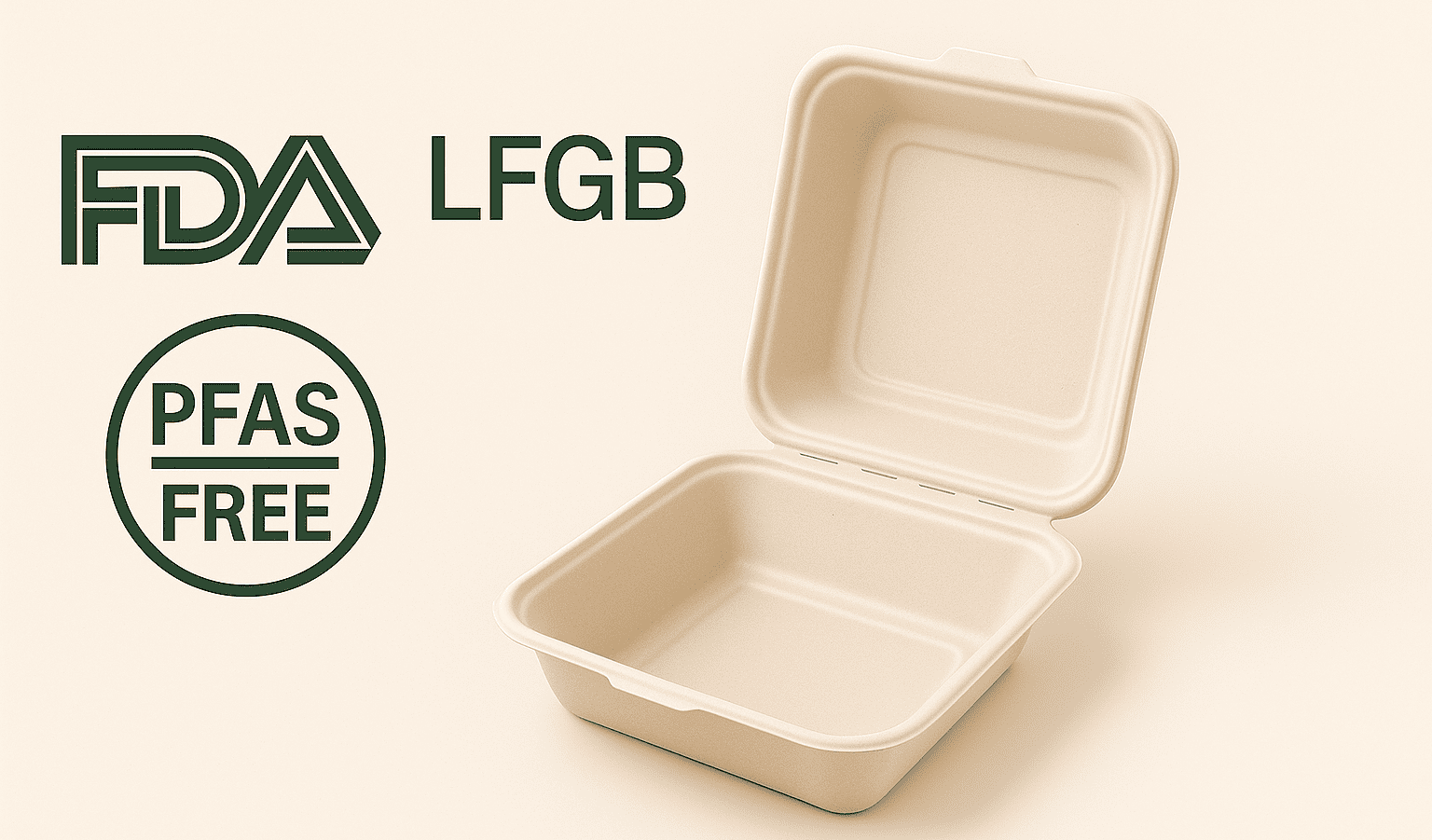 A certificate of FDA compliance and a PFAS-Free logo displayed next to a bagasse clamshell container